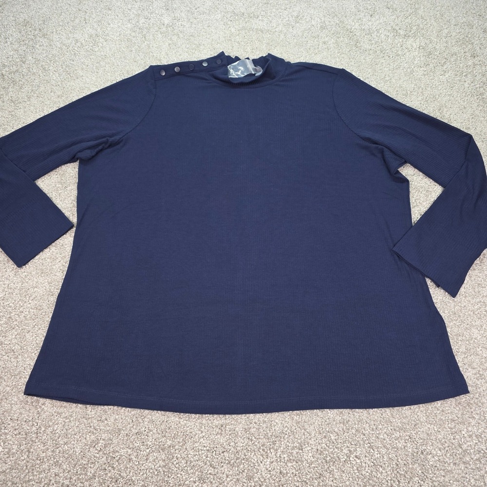 Denim & Co Signature Navy Blue Ribbed Mock Neck Button Shoulder Top 2X